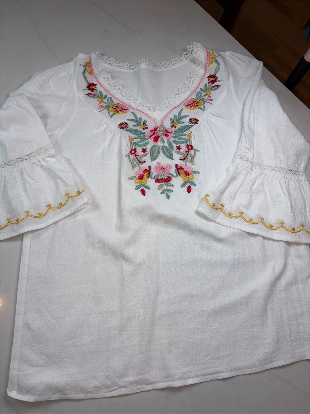 White Embroidered Floral V-Neck Peasant Blouse